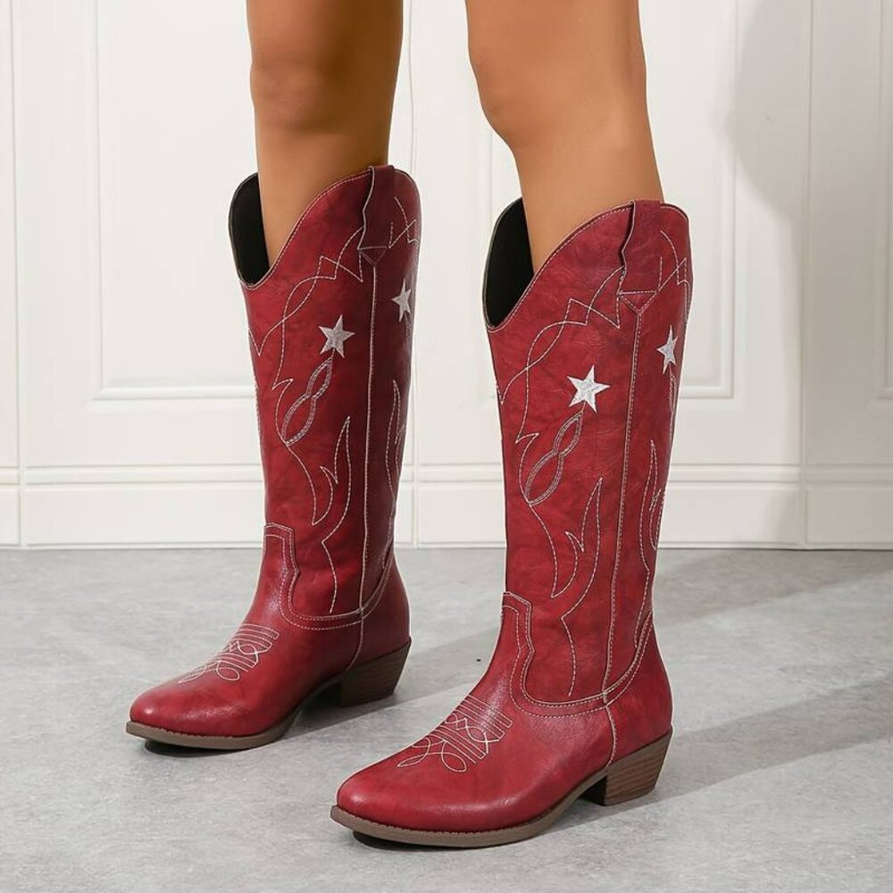 Embroidered Random Floral Chunky Heel Knight Boots Western Cowboy Boots
